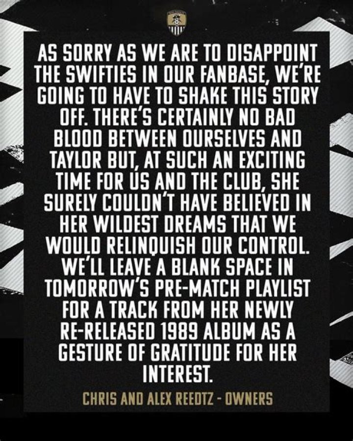 Could Taylor Swift compete with Ryan Reynolds' Wrexham? Notts County responds... with her songs!