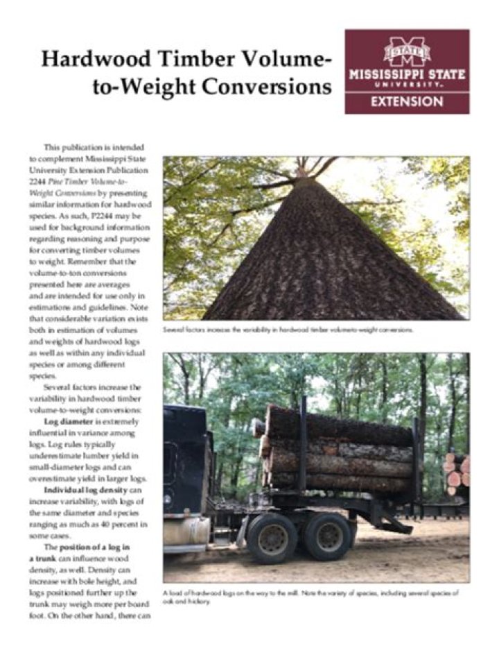 Hardwood Timber Volume-to-Weight Conversions | Mississippi State University Extension Service
