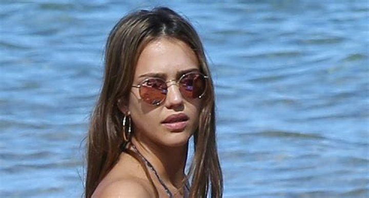 Jessica Alba Hits the Beach in a Navy Bikini