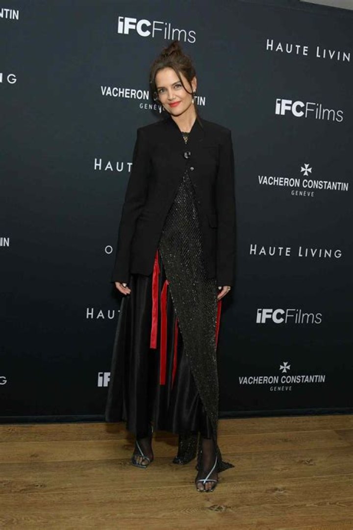 Katie Holmes’s Latest Gown Featured Sheer Netting, Red Ribbons, and a Full-Length Blazer
