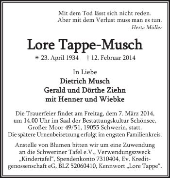 Schweriner Schauspielerin Lore Tappe gestorben