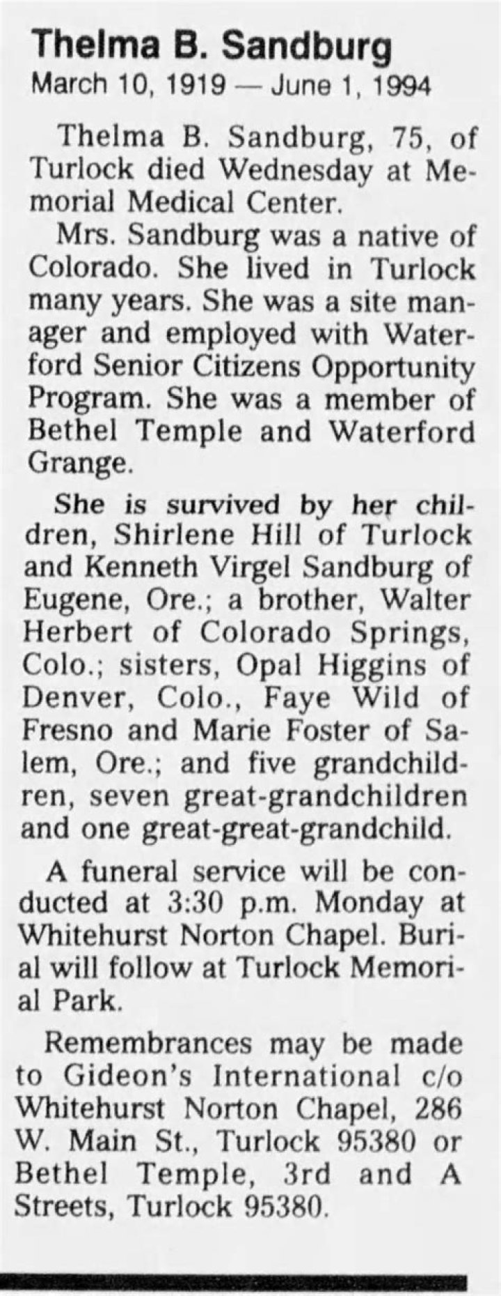 Thelma Bernice Warren – Metropolitan Funeral