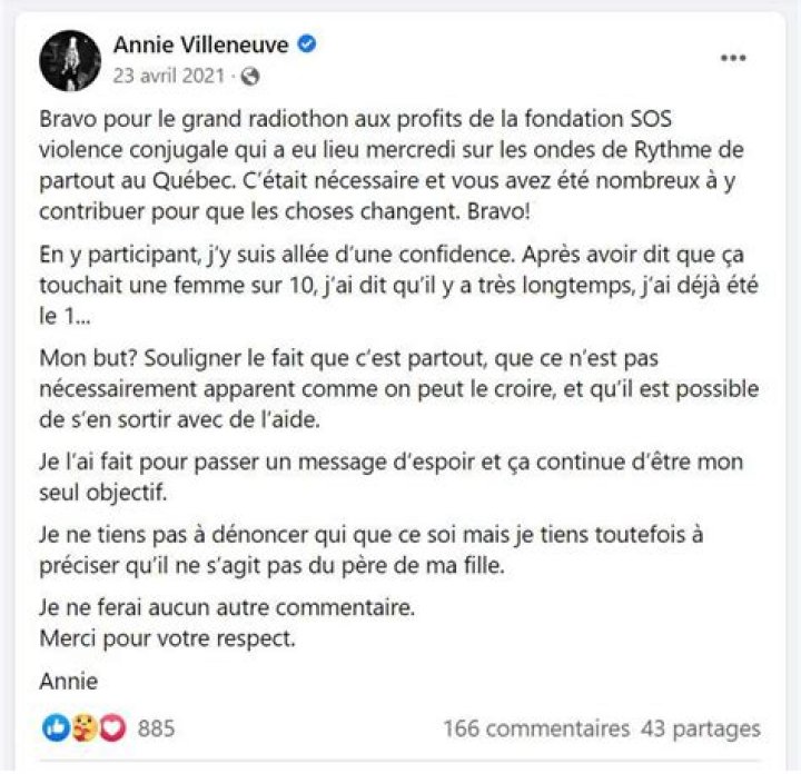 Violences conjugales, Annie Villeneuve soutenue par son ex-conjoint