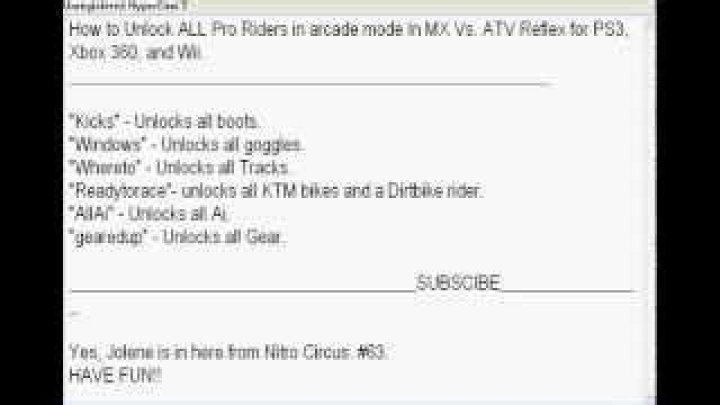 What is the cheat code for MX vs ATV Reflex?
